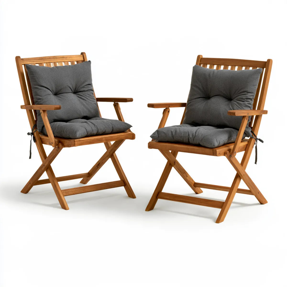 2-Piece Folding Outdoor Wooden Armchair Set with Cushions, 55 x 61 x 88 cm, Natural Brown and Dark Gray