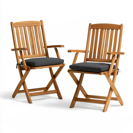 Set of 2 Outdoor Folding Garden Armchairs, 55 x 61 x 95 cm, Brown Solid Acacia Wood with Dark Gray Cushions