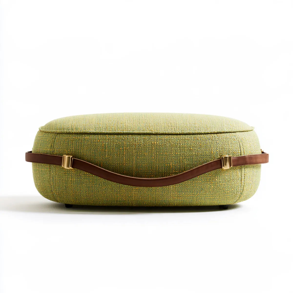 Upholstered Ottoman 40 x 30 x 18 in Green Polyester with Brown PU Strap