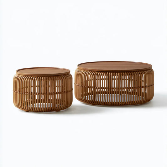 Set of 2 Round Rattan Coffee Tables with Engineered Wood Tops, Brown, Large: 80 cm Dia. x 45 cm H, Small: 60 cm Dia. x 40 cm H