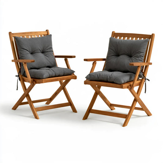 2-Piece Folding Outdoor Wooden Armchair Set with Cushions, 55 x 61 x 88 cm, Natural Brown and Dark Gray