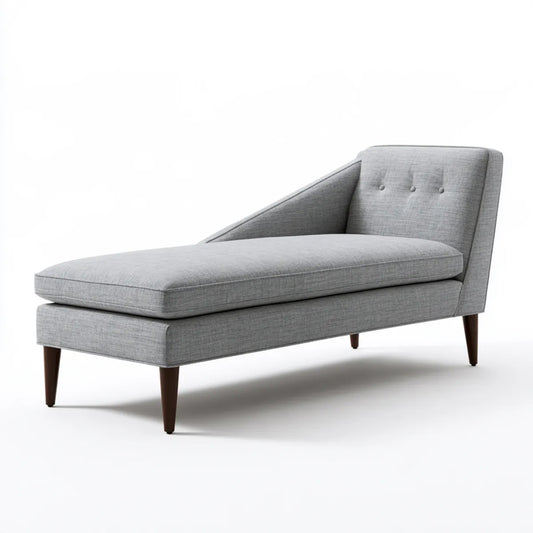 Upholstered Chaise Lounge, 66 x 30 x 34 in, Gray Polyester Fabric, Solid Rubberwood Legs, Asymmetrical Design