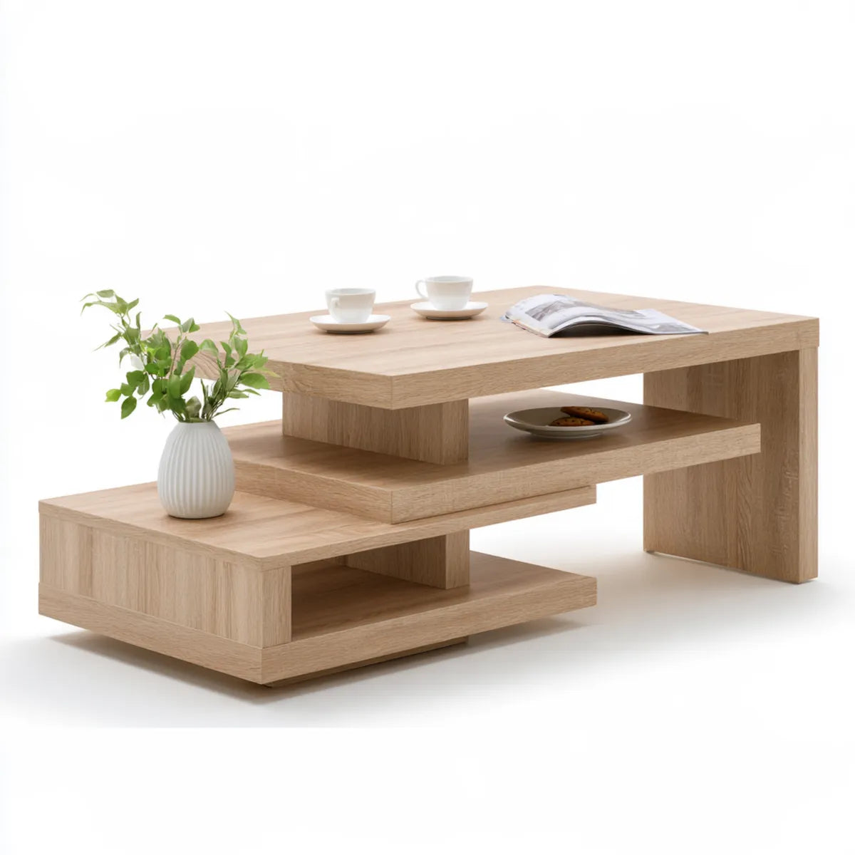 Light Oak Rectangular MDF and Oak Veneer Coffee Table with Open Shelves, 47.2 x 23.6 x 17.7 in