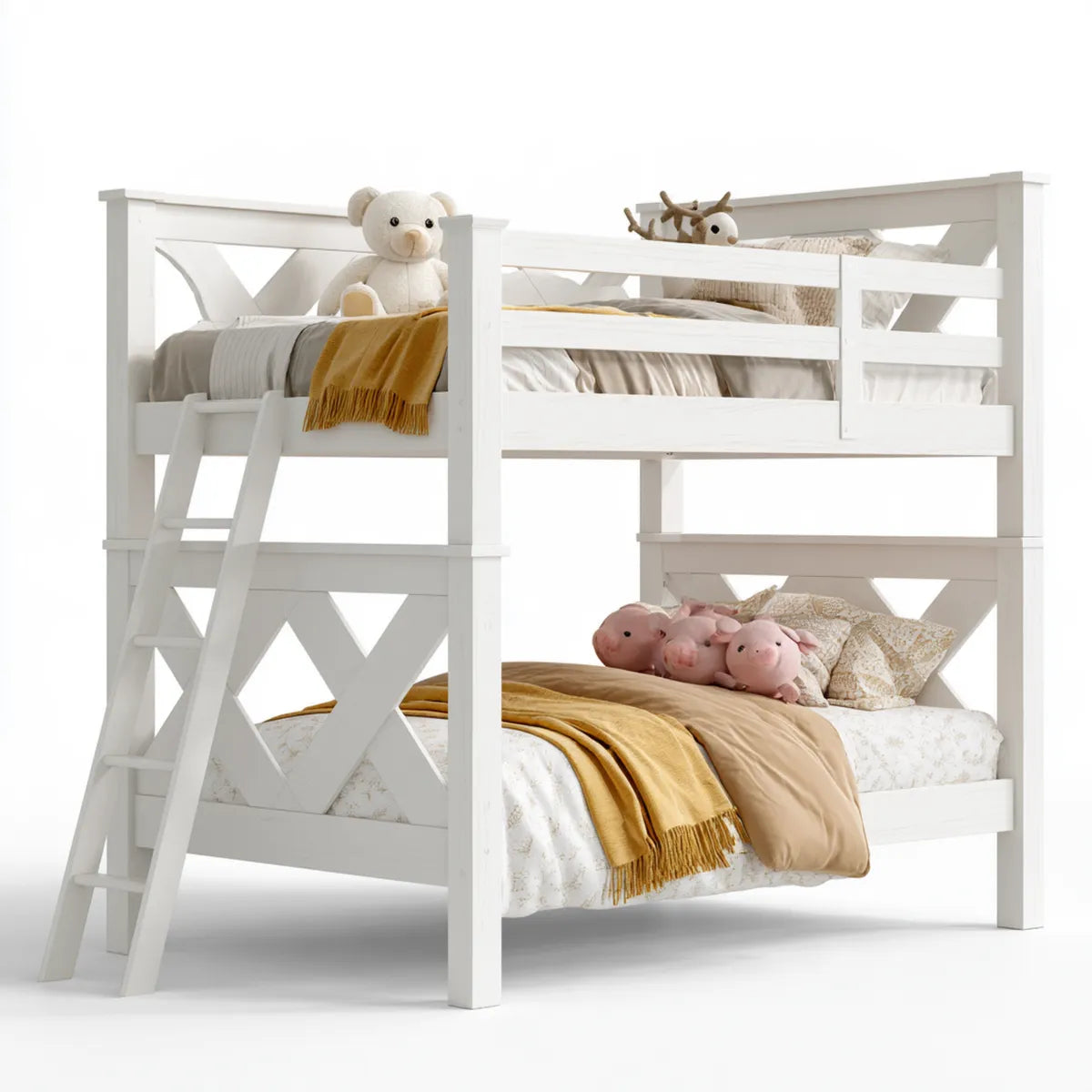 Twin Over Twin Bunk Bed with Ladder, 79.5 x 43.5 x 65 in, White Solid Pine Wood