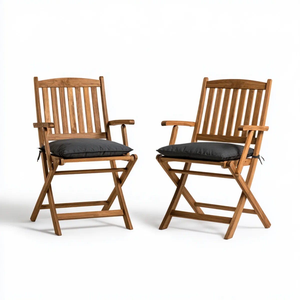 2-Piece Folding Outdoor Armchair Set, 55 x 61 x 90 cm, Brown Solid Wood with Black Polyester Cushions