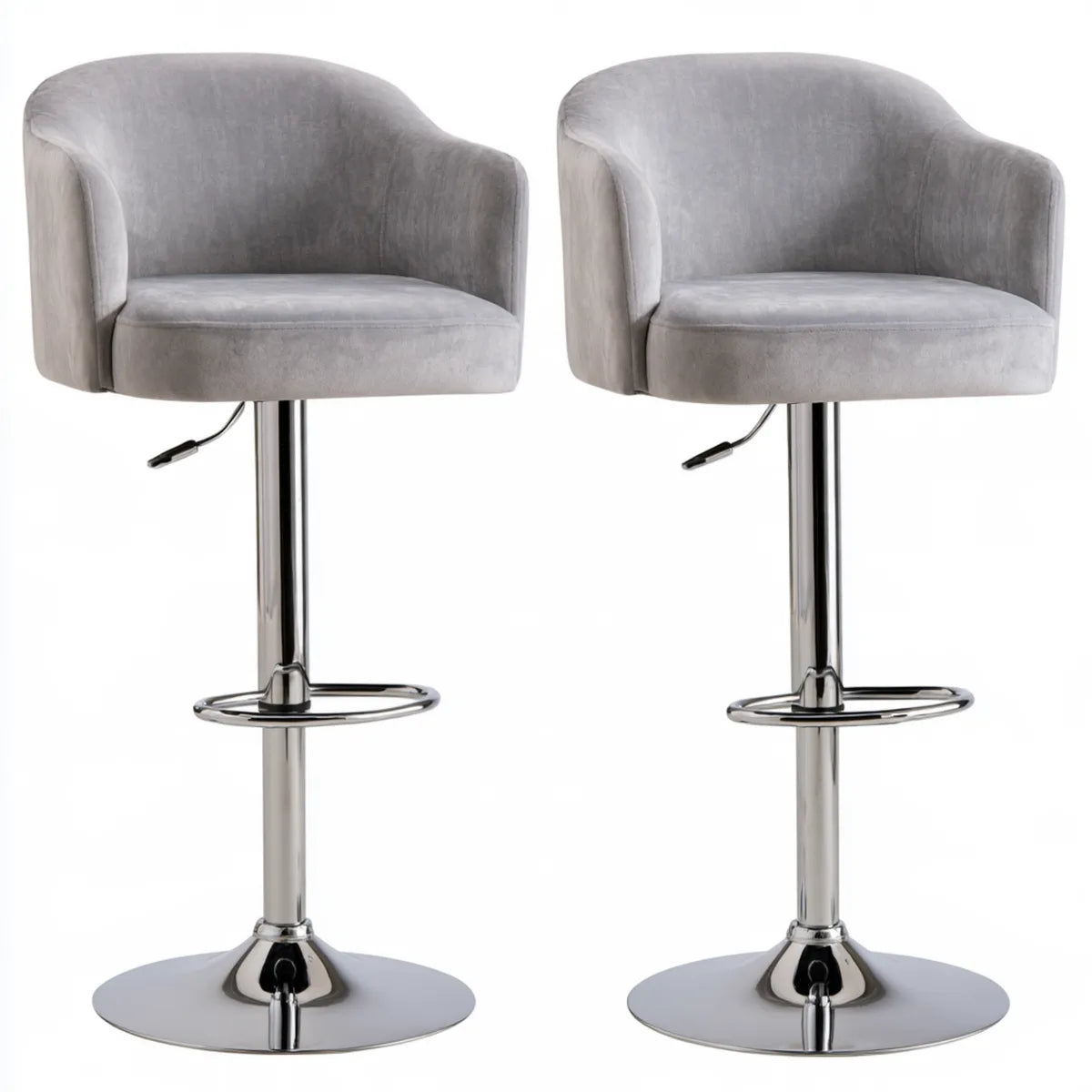 Set of 2 Adjustable Gray Velvet Swivel Bar Stools with Chrome Steel Round Bases, 21.5 x 20 x 34.5-42.5 in