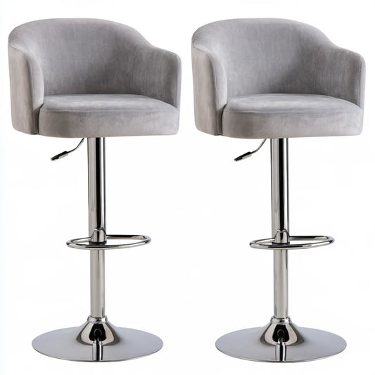 Set of 2 Adjustable Gray Velvet Swivel Bar Stools with Chrome Steel Round Bases, 21.5 x 20 x 34.5-42.5 in