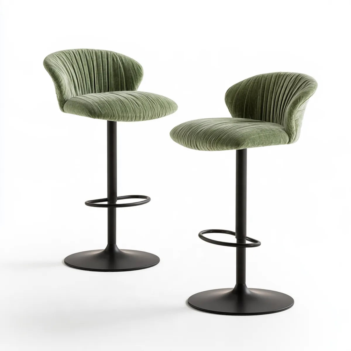 Set of 2 Adjustable Swivel Bar Stools, 20.5 x 20 x 37.5-45 in, Green Polyester Velvet and Steel Round Base