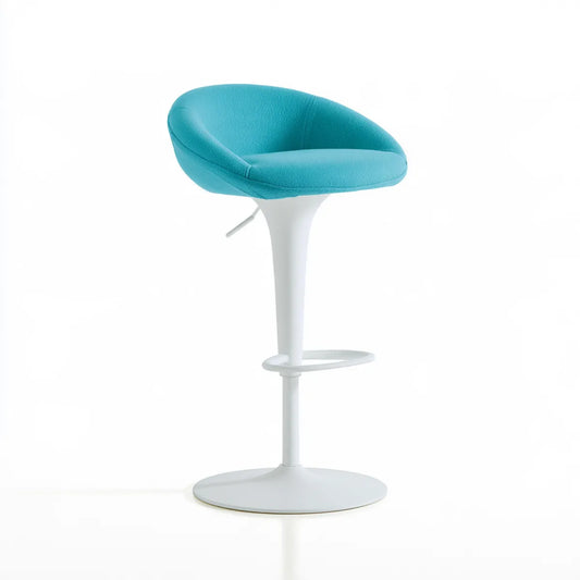 Adjustable Swivel Bar Stool, 17.7 x 20.5 x 33.9-42.5 in, Turquoise Polyester Upholstery, White Steel Base