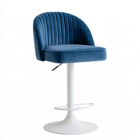Adjustable Swivel Bar Stool, Blue Polyester Velvet, White Steel Base, 19.7 x 20.5 x 34.6-42.5 in