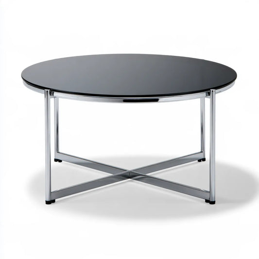 Round Coffee Table, 35.4 in Diameter x 17.7 in High, Black Glass and Chrome-Plated Steel